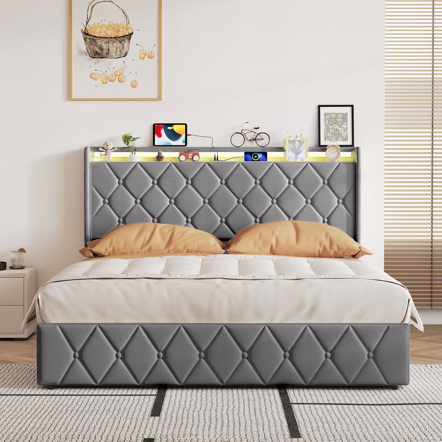 Yelenaro Gestoffeerd bed 140x200 cm met Opbergruimte, Jeugdbed met LED en Stopcontacten, Eenpersoons bed met Lattenbodem en Opbergruimte in het Hoofdeinde, Fluweel, Donkergrijs