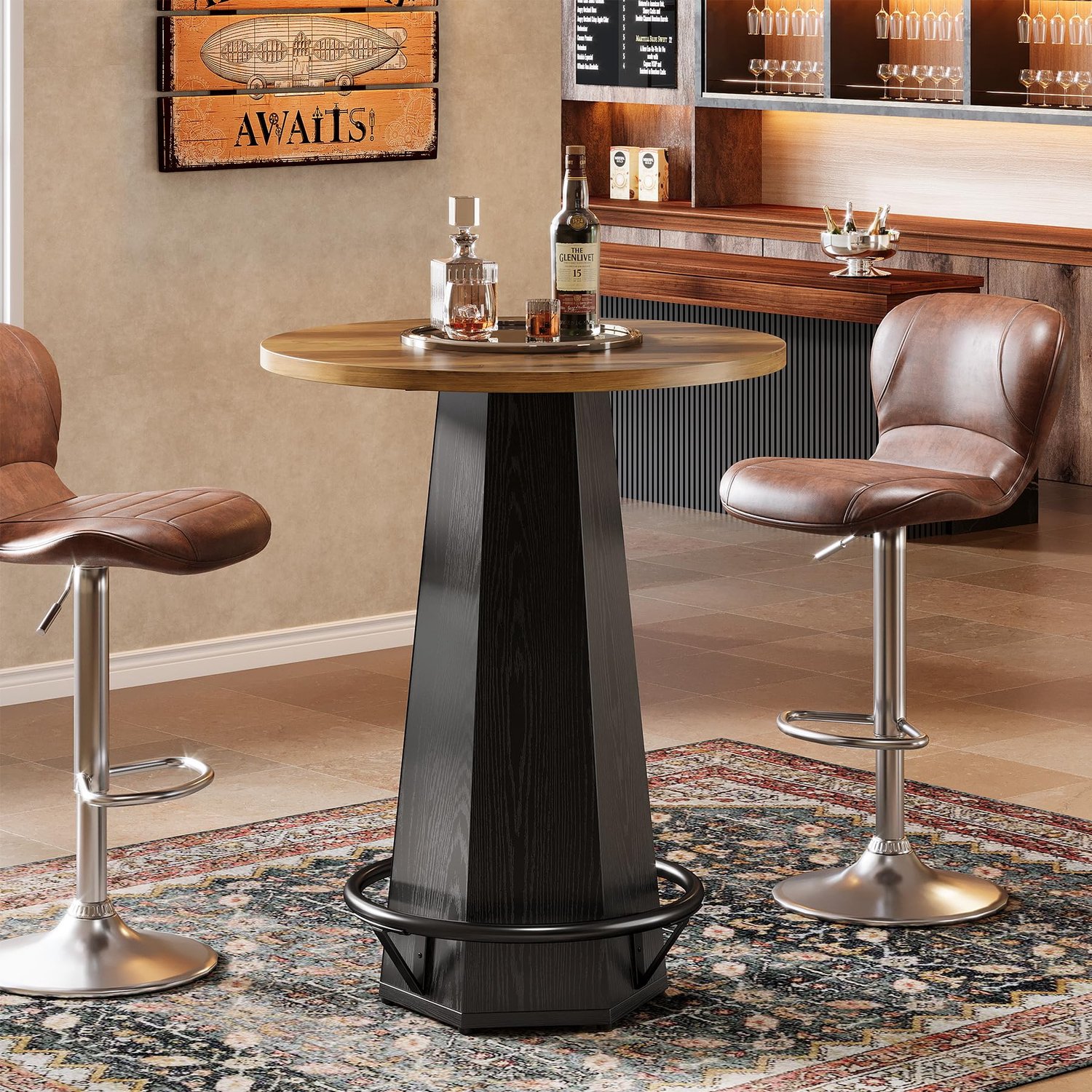Little Trees LITTLE TREE Bistro Cocktailtafel Rond - Hoogte 100 cm - Met voetsteun - Thuisbar meubel voor kleine ruimtes - Industrieel Bruin Zwart
