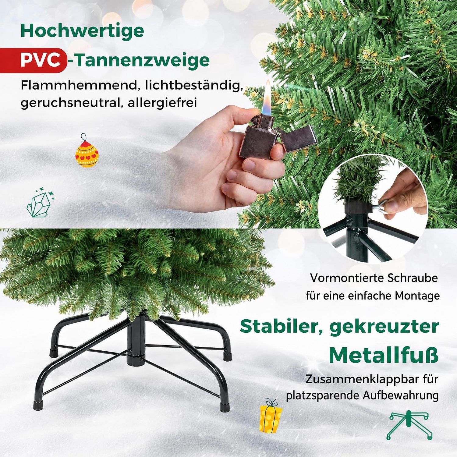 COSTWAY 180 cm Kunstkerstboom smal met verlichting - 445 takken - 180 warmwitte LED-lampjes - Metalen Standaard - Snelle Montage – foto 8