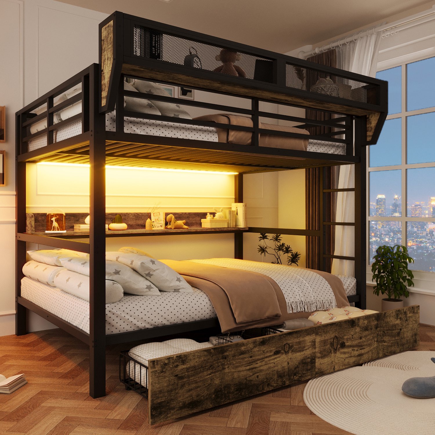 Zubaliya Stapelbed, 140x 200 cm, ijzeren bed, plank, opbergmand, 2 ijzeren laden, LED-licht, zonder matras, zwart