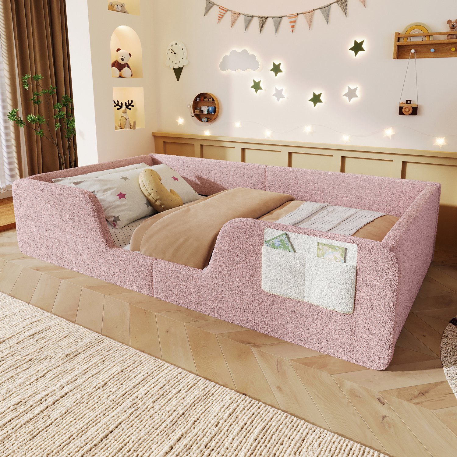 Zubaliya Gepolsterd bed, 90 x 190 cm, zonder matras, afneembare veiligheidshekken, geïntegreerde stoffen opbergtas, uniek fluweel, roze
