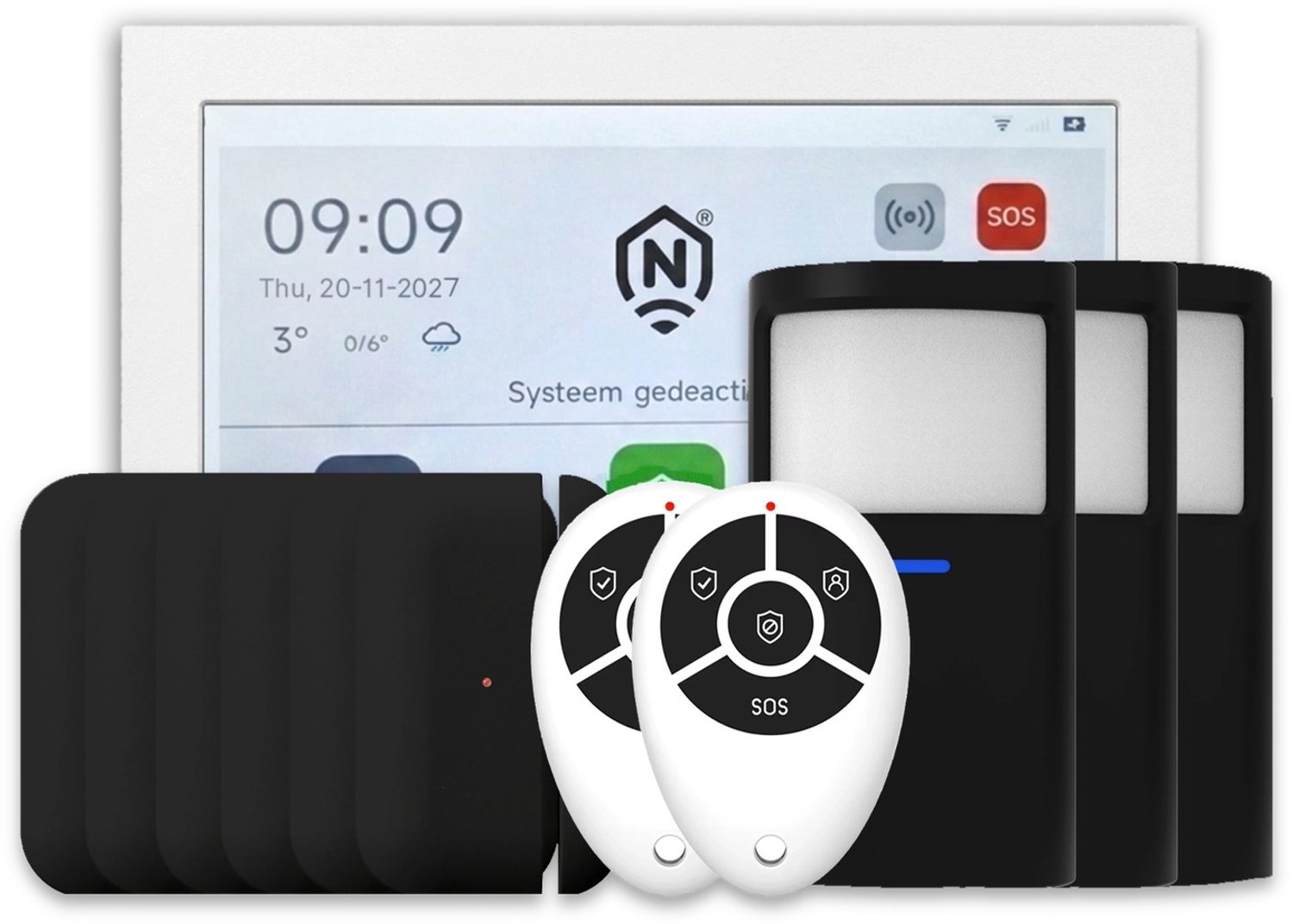 ShieldLink® Pro Alarmsysteem – Compleetset – Draadloos & Uitbreidbaar – Met App – Zonder Abonnement – Wit Paneel – Zwarte Accessoires