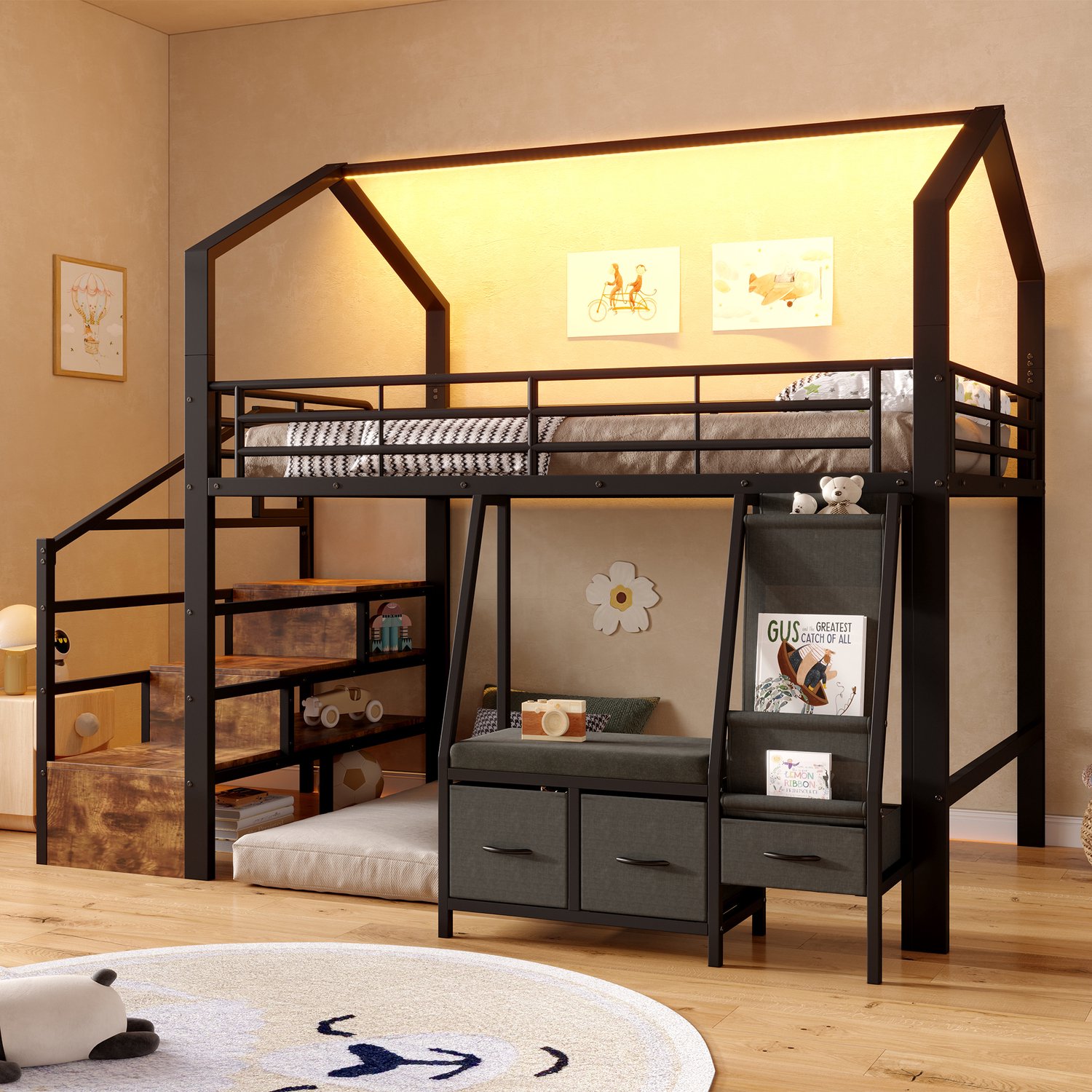 Zubaliya Hoogslaper, 140 x 200 cm, Metalen bedframe, stoffen planken, laden en kasten, LED-lichtbalk, Zonder matras, Zwart
