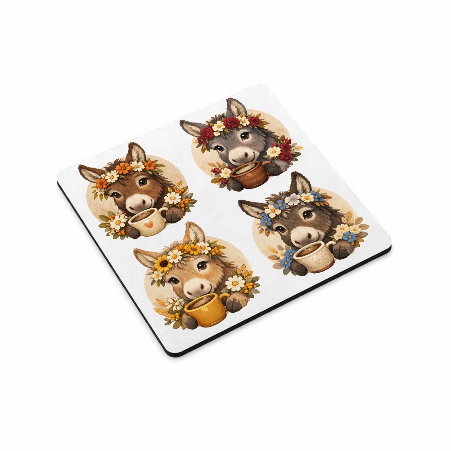 Mr Cadeautjes MDF magnetische fotolijst vierkant 9,5 - design Een serie ezelportretten met boeketjes en een warme drank in | cadeau Wit