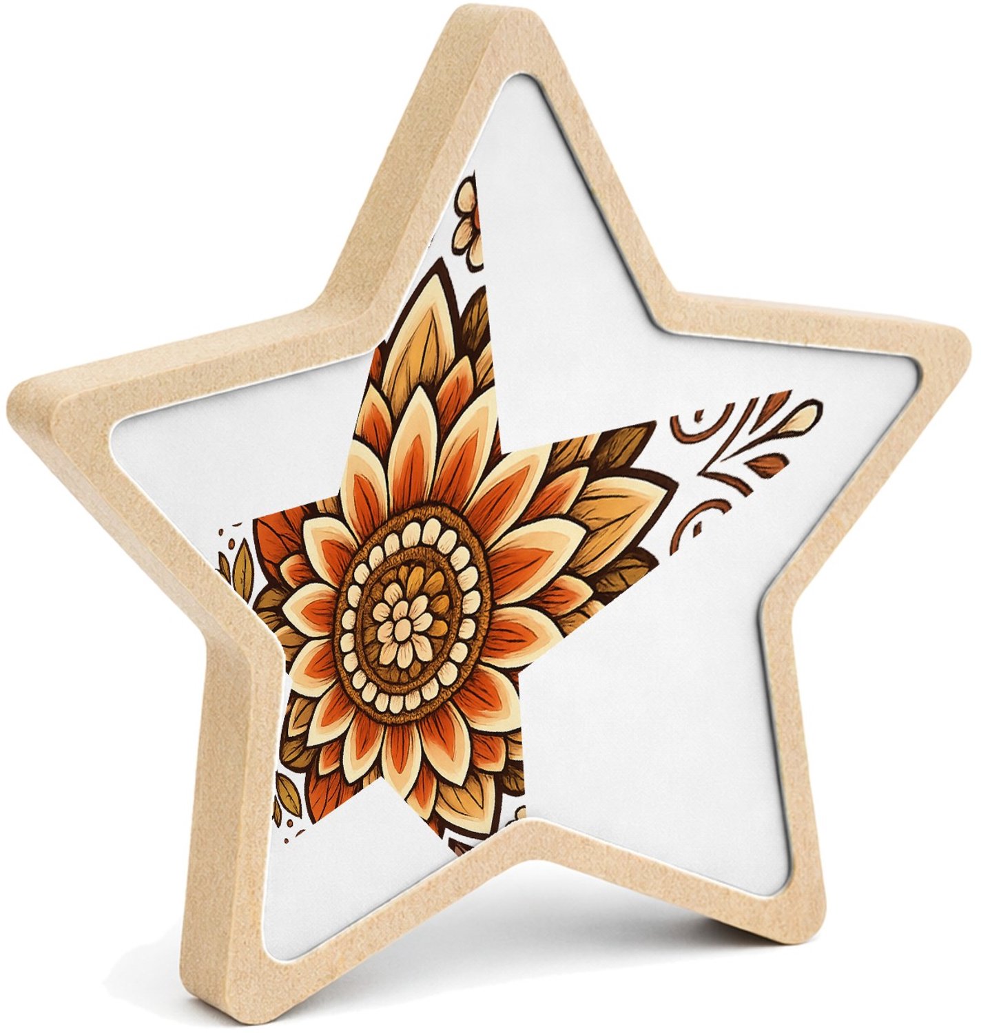 Mr Cadeautjes MDF fotolijst ster 14 x 13,5 - design Een rustige, symmetrische zonnebloemmandala met zachte boogl | cadeau Wit