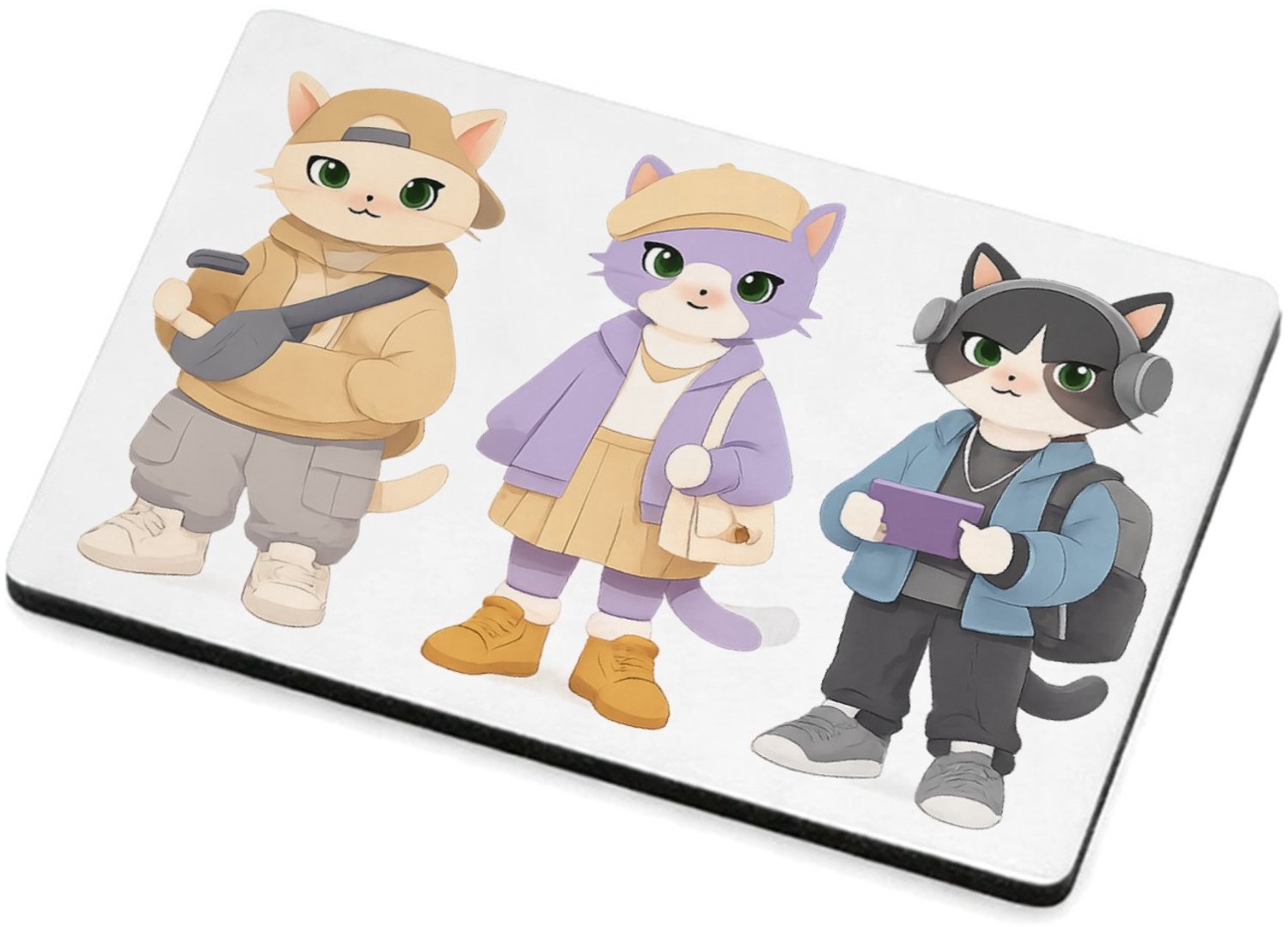 Mr Cadeautjes MDF magnetische fotolijst 7,5 x 5 - design Drie modieuze katten in pastel-outfits, elk met een andere h | cadeau Wit