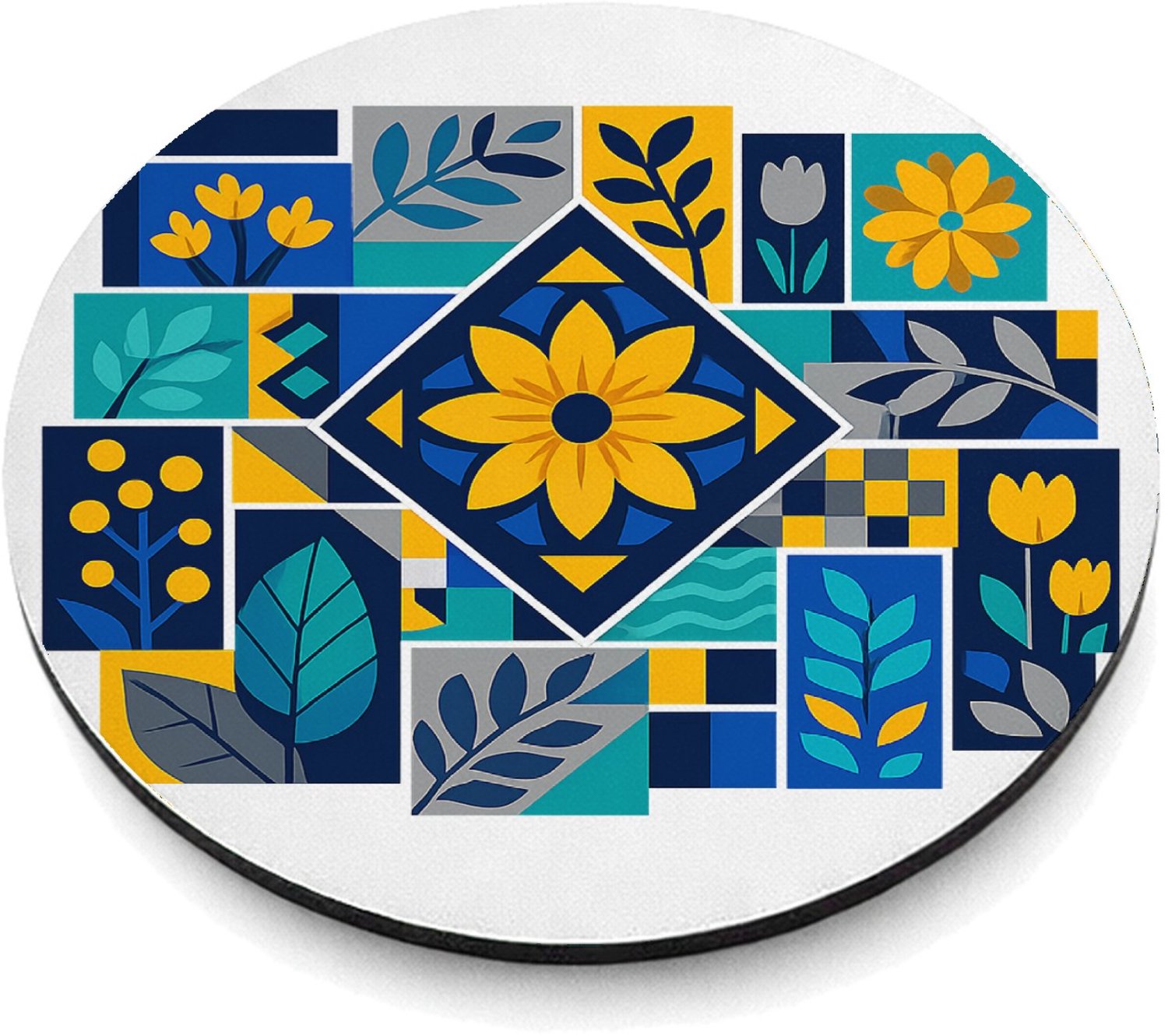 Mr Cadeautjes MDF magnetische fotolijst rond Ø 9,5 - design Een levendig mozaïek van botanische blokken met bladeren, bl | cadeau Wit