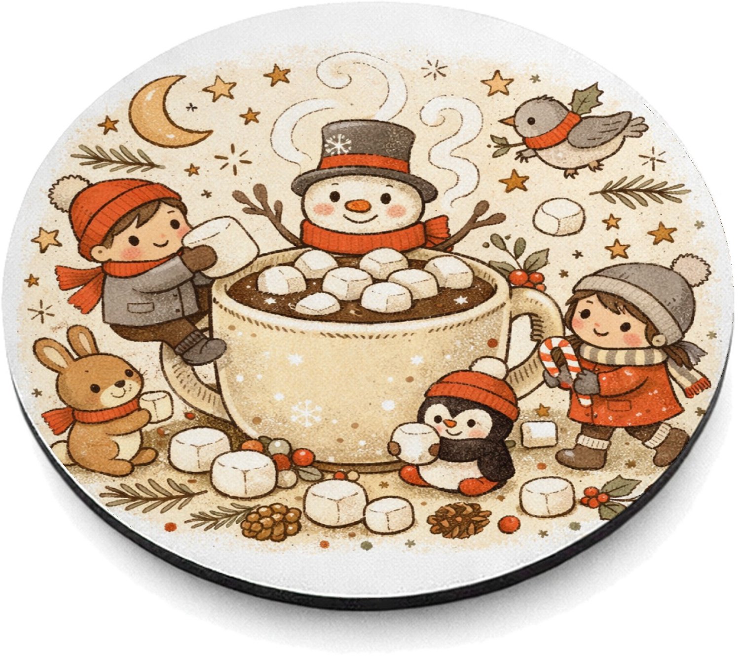 Mr Cadeautjes MDF magnetische fotolijst rond Ø 9,5 - design Een knusse winterkeuken-scène met bewegende figuren rond een | cadeau Wit