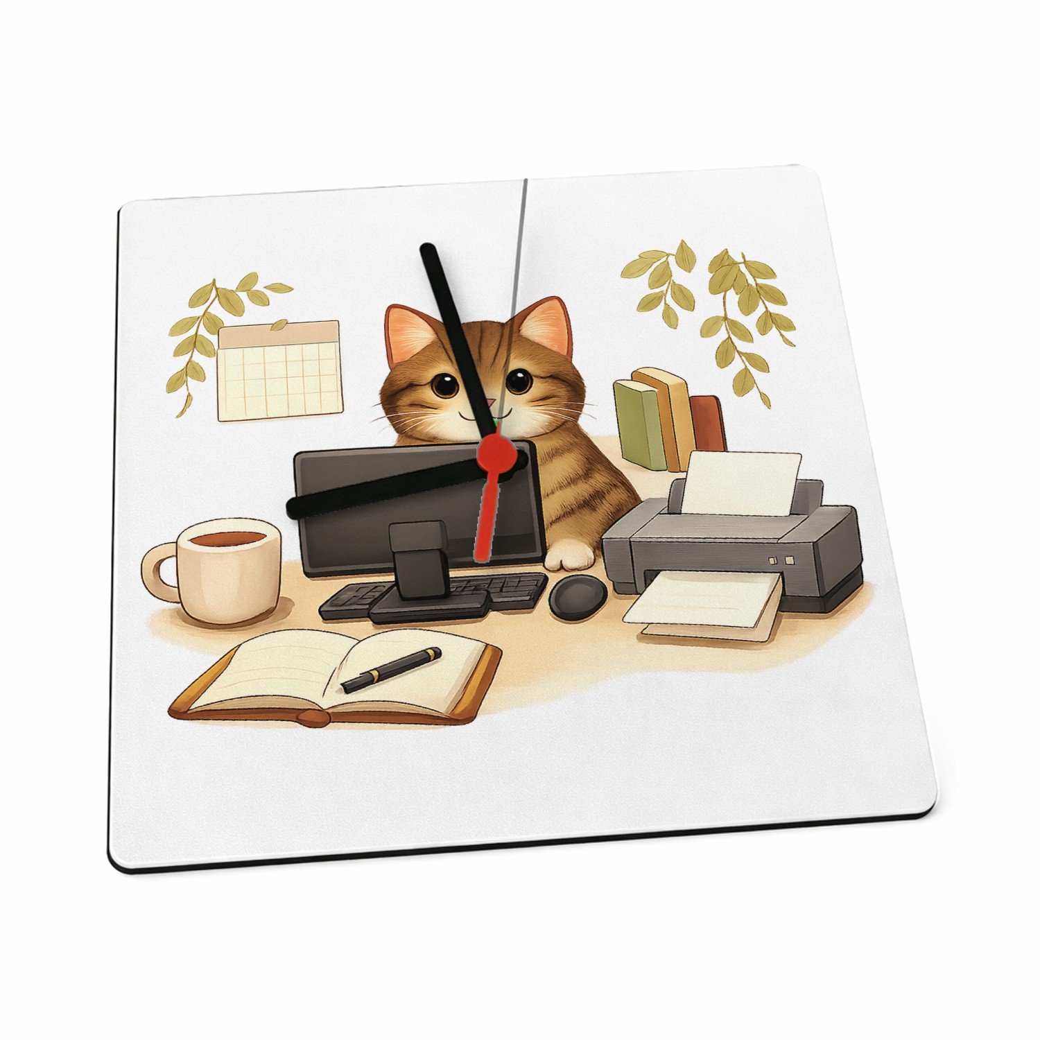 Mr Cadeautjes Klok 19 x 19 - design Een hond als ‘supportmedewerker’ aan een receptiebalie met e | cadeau Wit