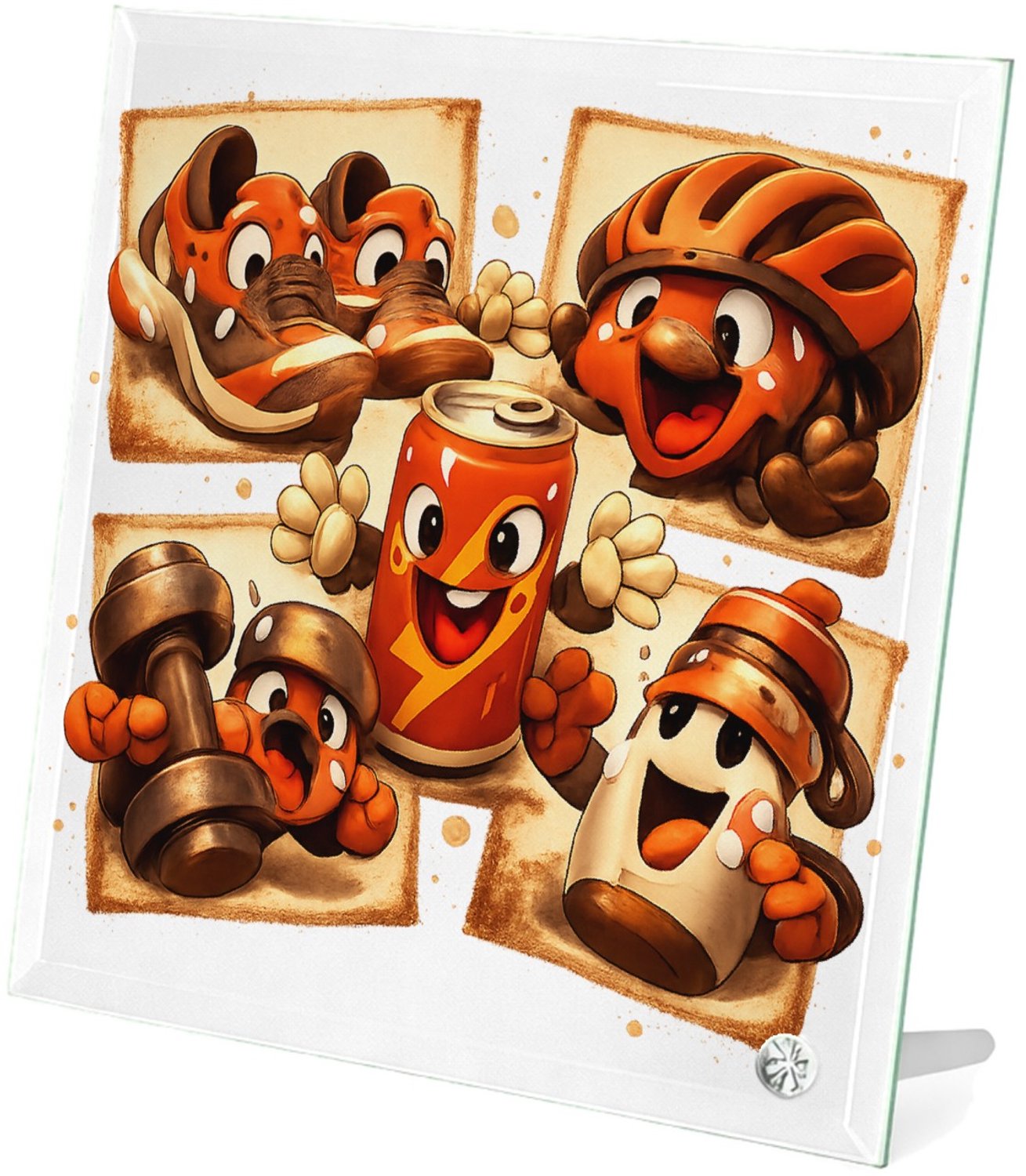 Mr Cadeautjes Glasframe 20 x 20 - design Een collage van sportieve gereedschappen die uitgeput en vro | cadeau Wit