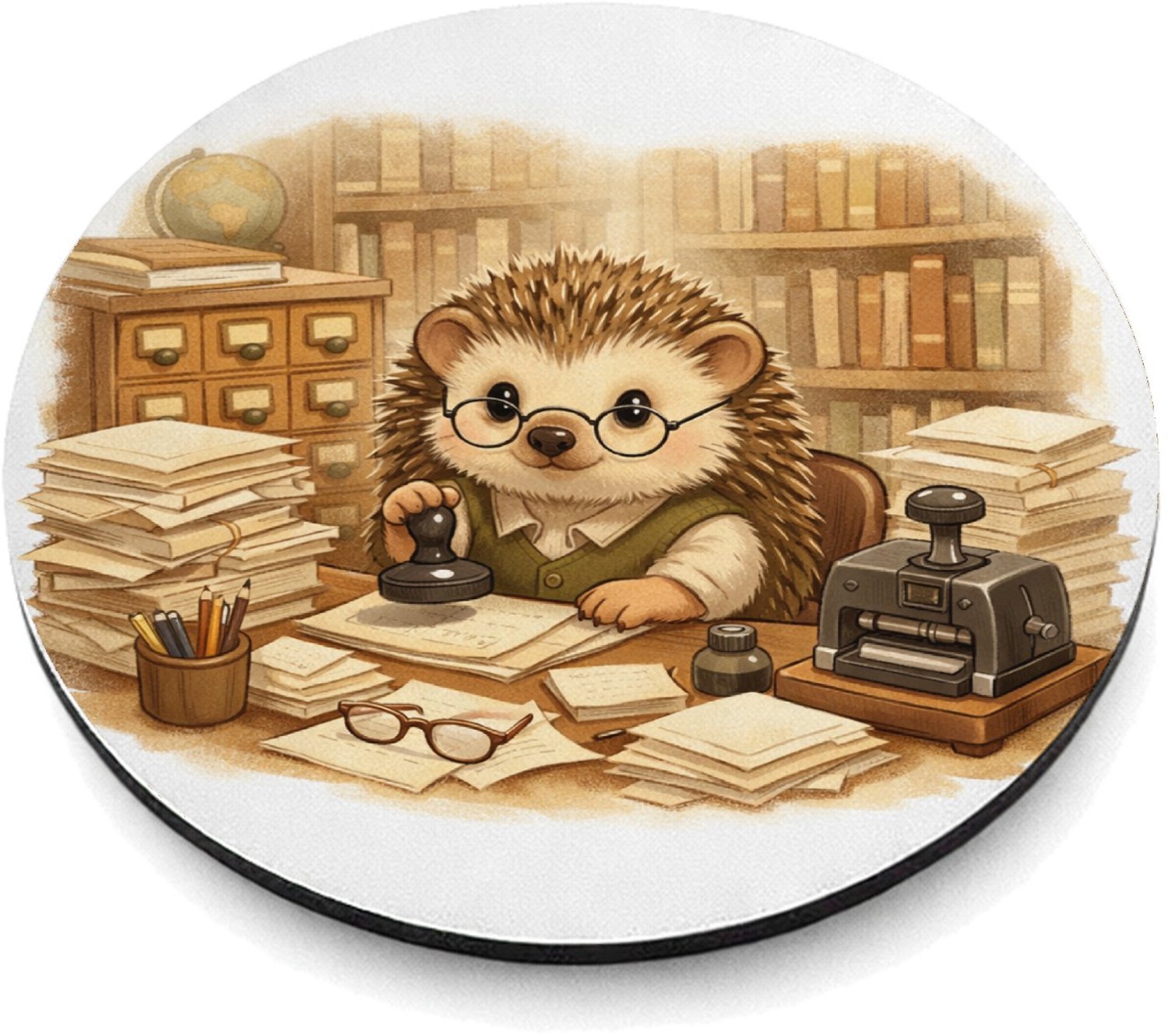 Mr Cadeautjes MDF magnetische fotolijst rond Ø 9,5 - design Een egel als bibliothecaris tussen hoge boekenkasten, met te | cadeau Wit