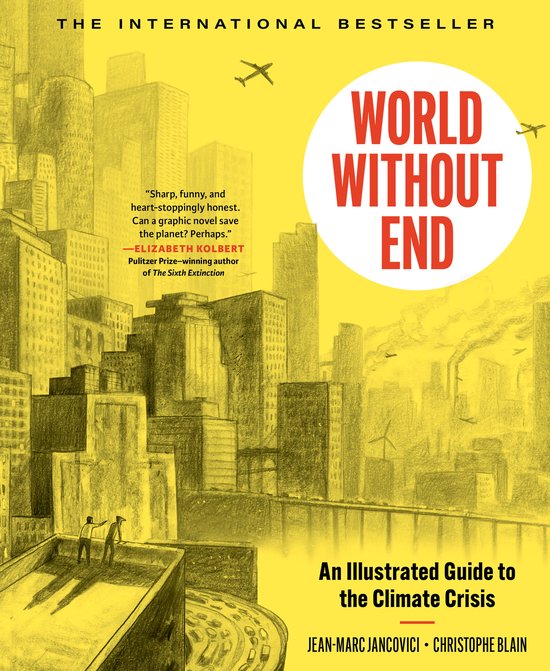 Boekomslag World Without End met een gele stedelijke tekening, vliegtuigen en rode tekst.