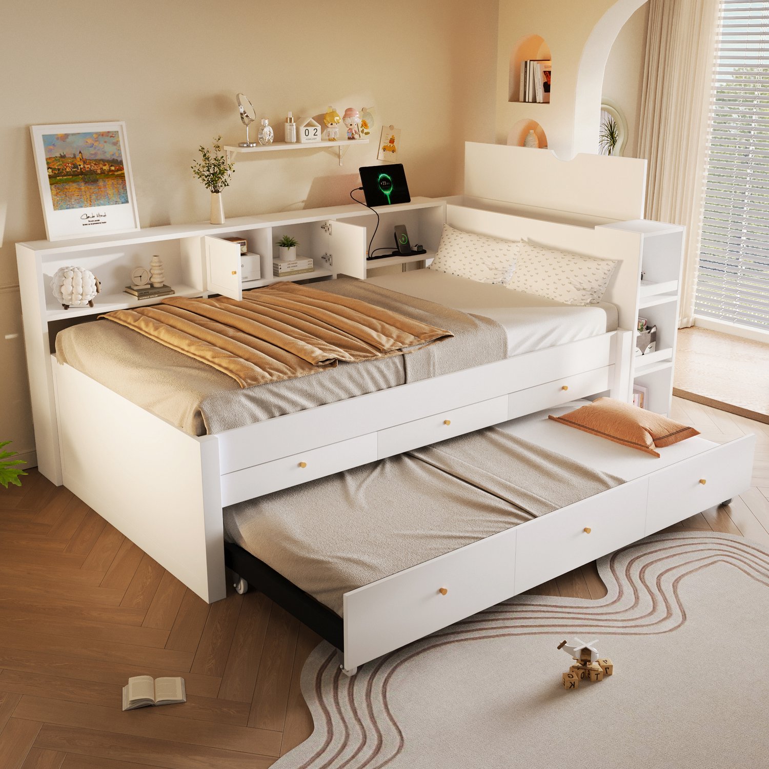 MODFU Bed - Uitschuifbaar Logeerbed - 3 Laden - USB-Aansluiting - MDF En Hout - Wit - 140 X 200 Cm