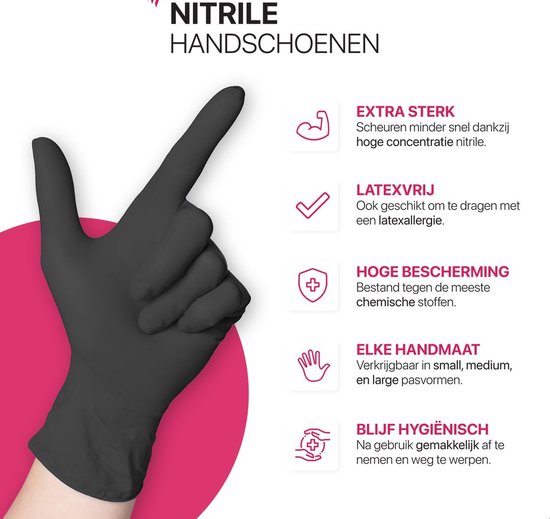 Zwarte nitril handschoen met infografiek over sterkte, latexvrij, bescherming, diverse maten en hygiëne.