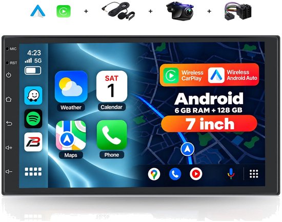 7-inch Android autoradio met touchscreen, draadloze CarPlay, Android Auto, 6GB RAM, 128GB geheugen, camera en microfoon.