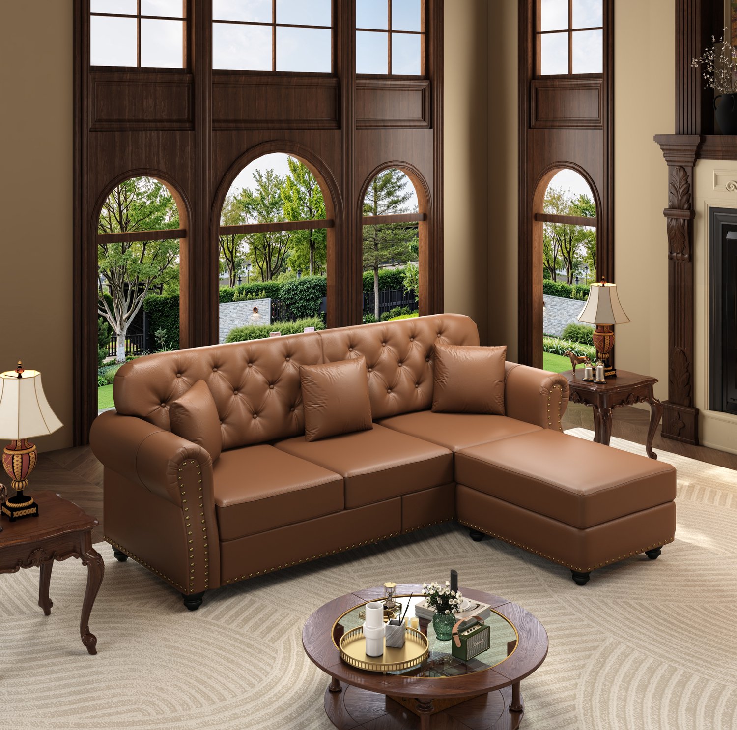 STILVORA Chesterfield Bank 210 x 76 x 86 cm - Driezitsbank met Losse Hocker en Gecapitonneerde Rugleuning - voor Woonkamer - Kunstleer - Bruin