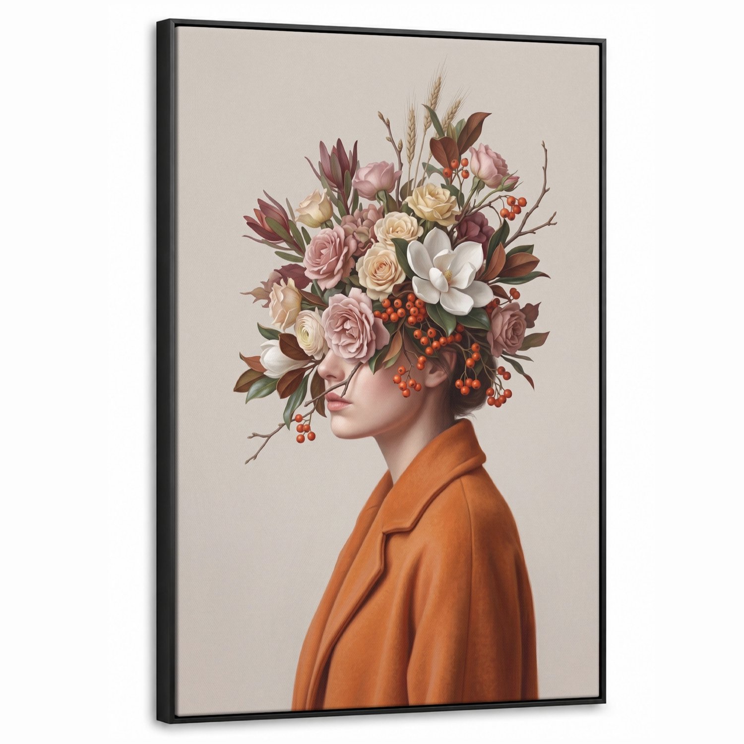 Canvas Schilderij met Baklijst 60x90cm - Gezicht - Boeket - Kleurrijk - Muurdecoratie woonkamer - Slaapkamer decoratie - Kamer accessoires - Schilderijen op canvas met lijst