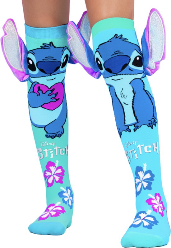 Lichtblauwe kniekousen met 3D Stitch-oren, Stitch met roze hartje en bloemenprint, Disney-logo.