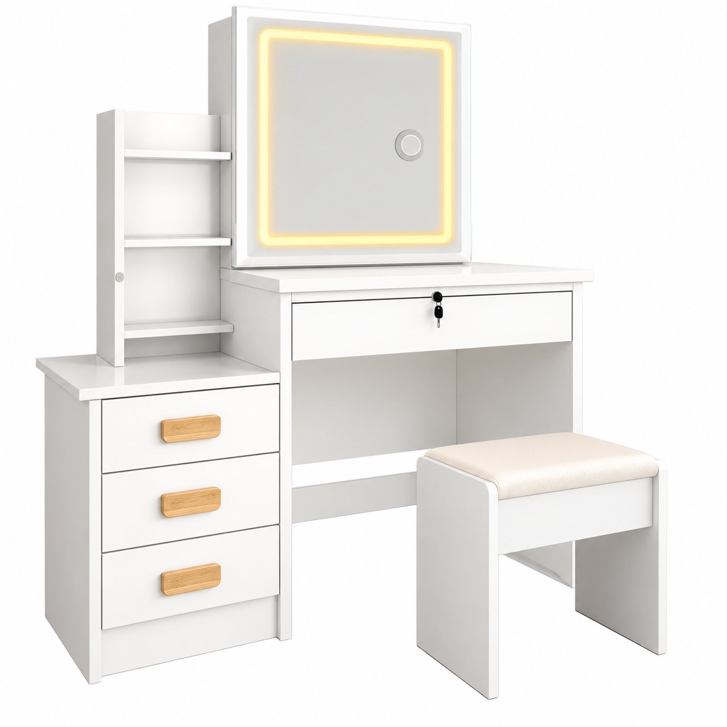 Lamor Kaptafel - Kaptafels met spiegel - Make up tafel - Bureau - LED verlichting - Opbergkast - 84 x 35 x 136 cm - Slaapkamer