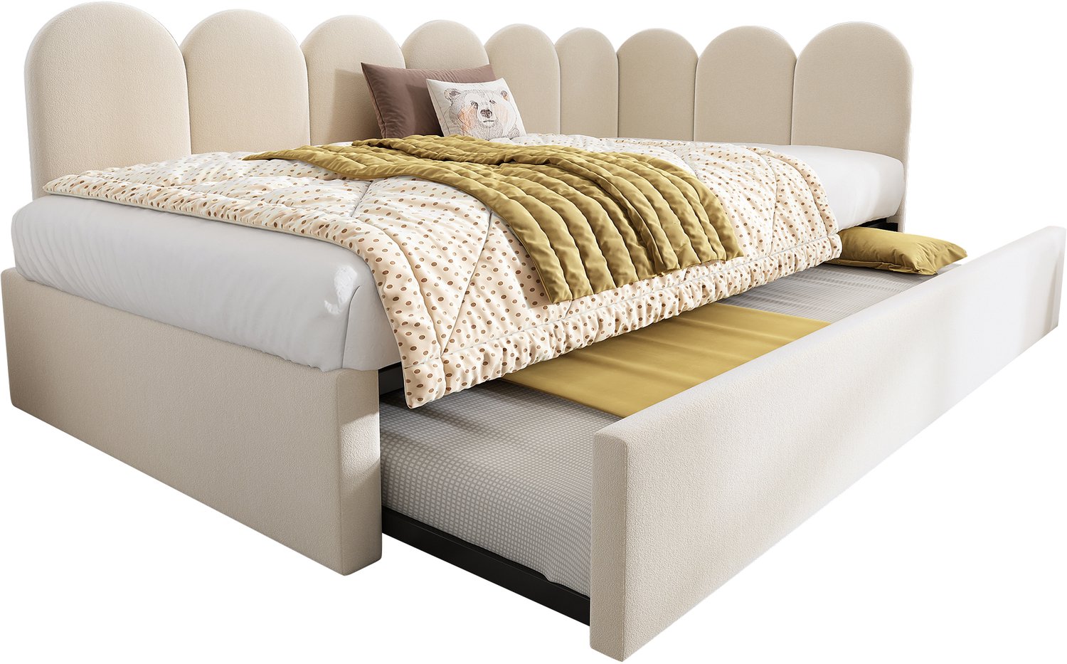 MUVANO Bedbank 90x200 met onderschuifbed 90x190 - Dagbed met lattenbodem - L-vormig en fluwelen bekleding - Voor kinder- en logeerkamer - Beige