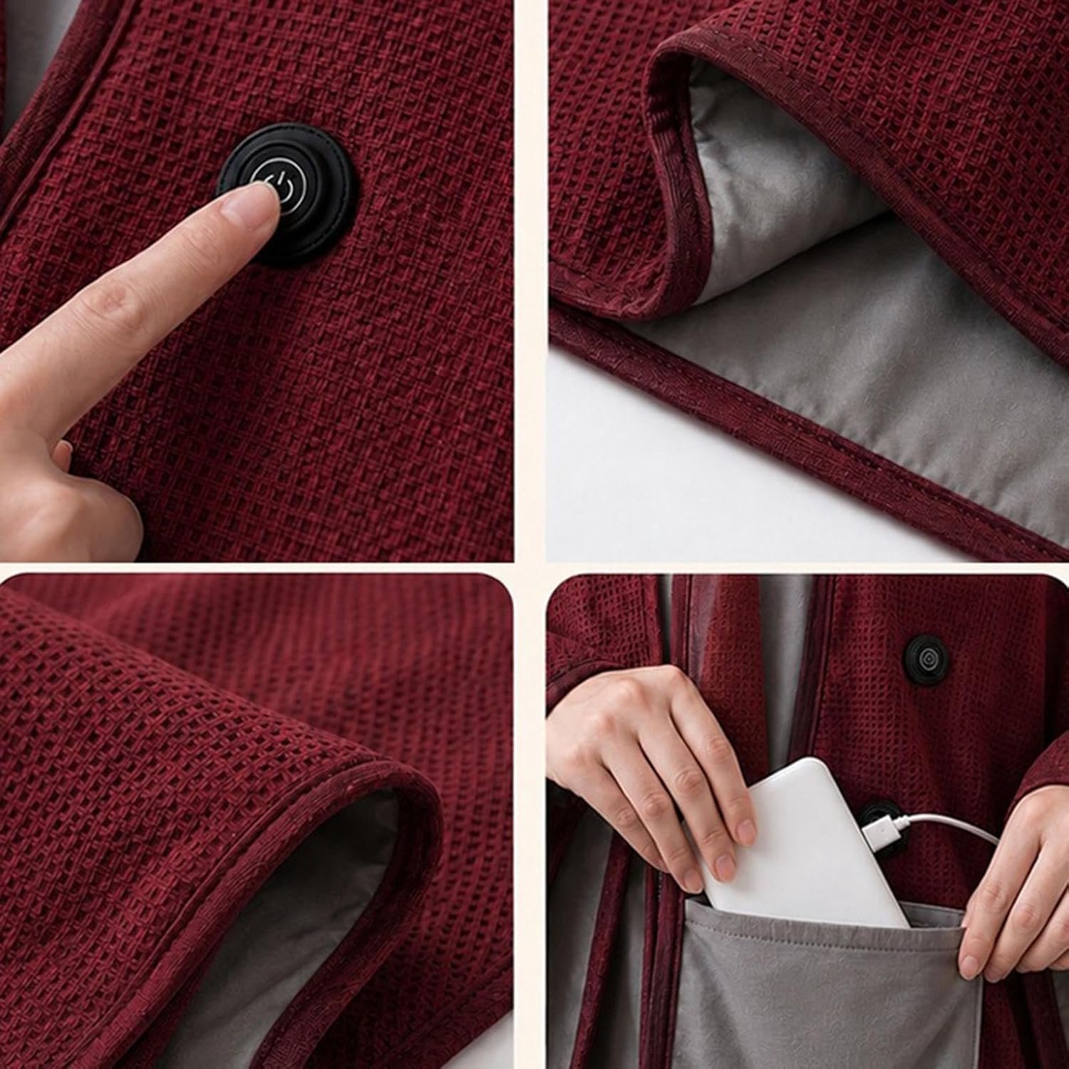 Heated Shawl - USB Elektrische Deken - 3 Standen - Wasbare - Warmtedeken 1 Persoons - Elektrische Cape met Rits - Voor Gebruik Binnen en Buiten - Draadloze - Draagbare verwarmde omslagdoek - Elektrische Cape met Rits - Elektrische deken - Rood – foto 2