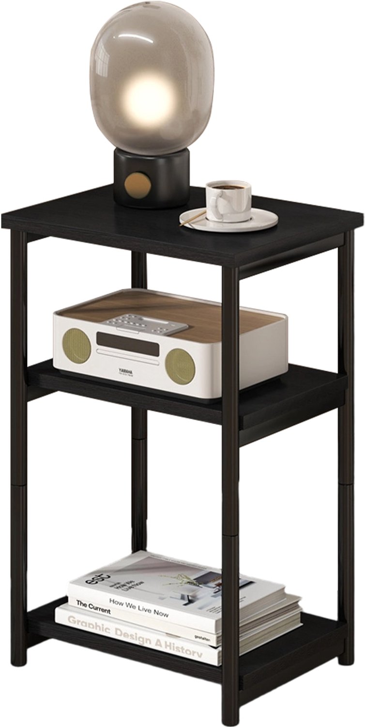 Triumpunpre Smal Bijzettafel / Sidetable 3-Lagen - Klein Tafeltje & Tafel naast het Bed met Open Opbergruimte & Verstelbare Voetjes - 46 x 20 x 63 cm - Zwart Houtlook & Metalen Frame - Voor Woonkamer & Slaapkamer