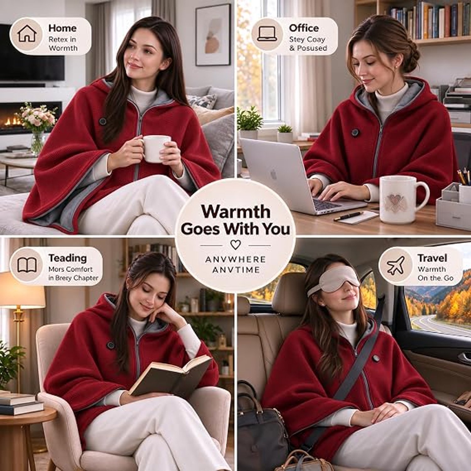 Elektrische deken - Verwarmde deken in cape-stijl - Verwarmde Schoudermantel - Verwarmde Hoodie Deken - Verwarmde deken - 3 Standen - USB-opladen - Snelle verwarming - Kerstcadeau - Geschikt voor gebruik buitenshuis en binnenshuis - Rood - 150x80cm – foto 4
