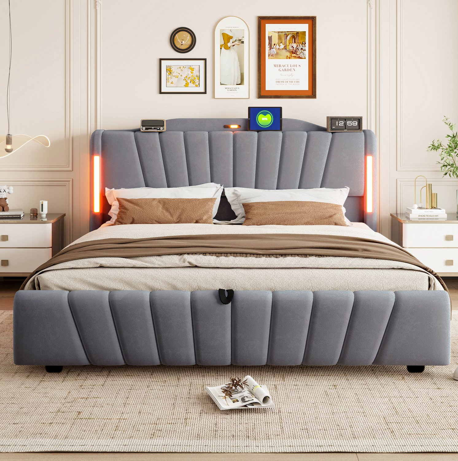 MIVRAY Gestoffeerd Bed 180x200 cm - Tweepersoonsbed met Verlichting - Hydraulische Opbergruimte voor Slaapkamer - Fluweel - Grijs - Matras Onbekend