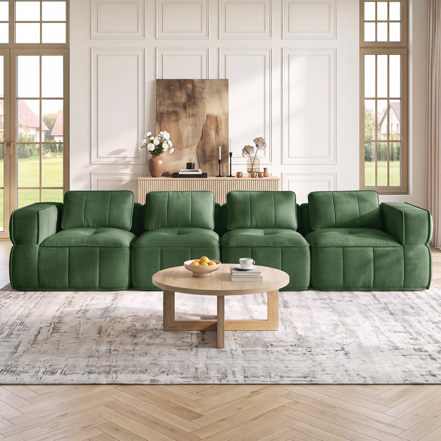Vovtenza Extra grote 4-zits cloudbank zonder frame - modulair - 32D hogedichtheidsschuim - huidvriendelijke - zachte stof - antislip - voor woonkamers - geen montage nodig - groen Groente-Geen poef