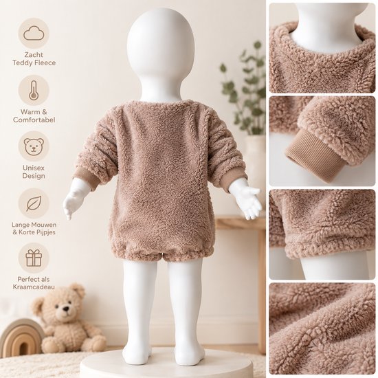 Beige romper van teddystof met productdetails: Zacht, warm, unisex, lange mouwen en ideaal als kraamcadeau.