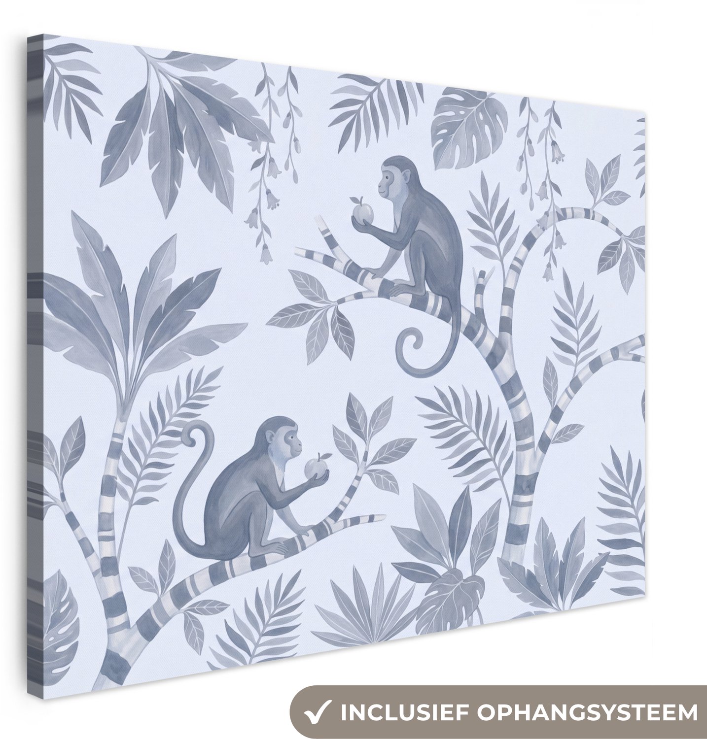 Canvas schilderij 120x90 cm - Exclusieve wanddecoratie Aap - Boom - Bladeren - Jungle - Illustratie - Muurdecoratie woonkamer - Slaapkamer decoratie - Kamer accessoires - Schilderijen op canvas groot XXL