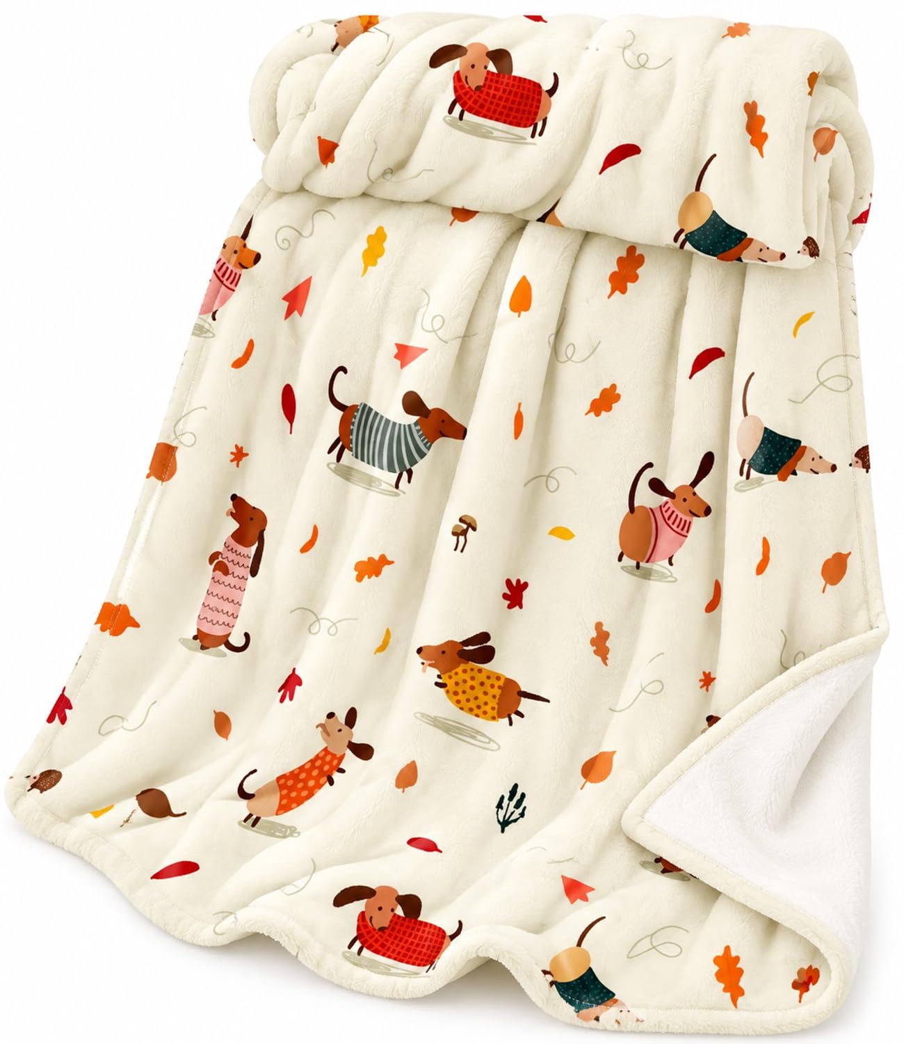 Famanu Knuffeldeken van flanel, 120 x 150 cm, zachte en warme fleecedeken met teckelpatroon, multifunctioneel als bankdeken of spreien, perfect voor kinderen en dierenliefhebbers