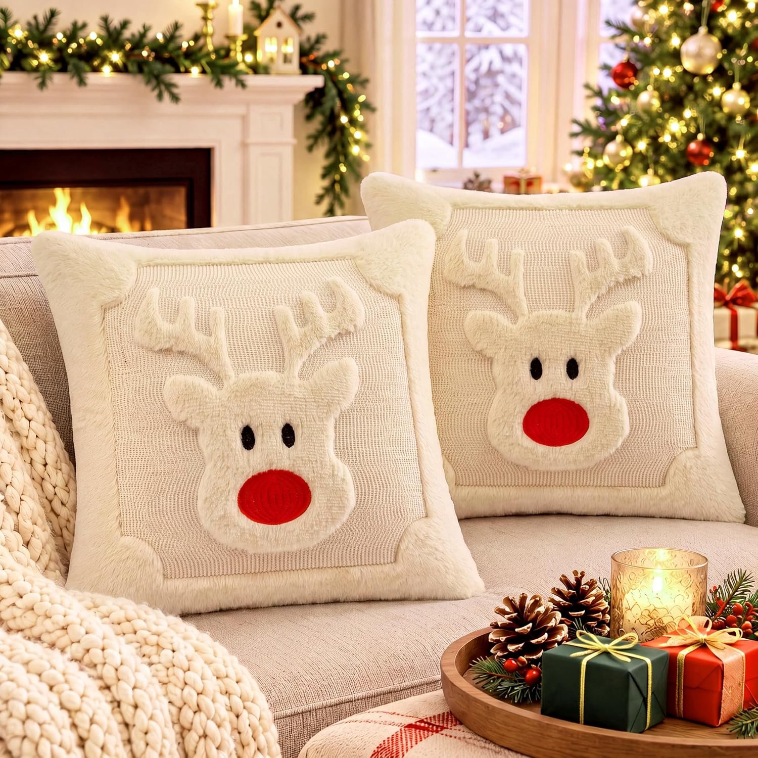 KZQ Set van 2 kussenhoezen imitatiebont 45x45 cm beige Elk-patroon kerst Gebroken wit