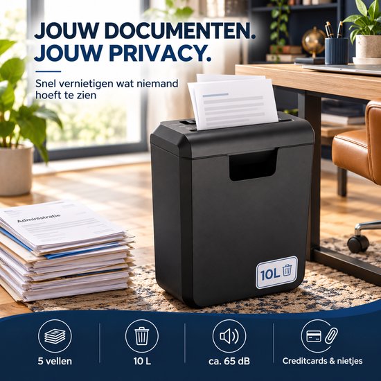 Papierversnipperaar – 10L – 5 A4 vellen – Creditcard Vernietiger – Zwart