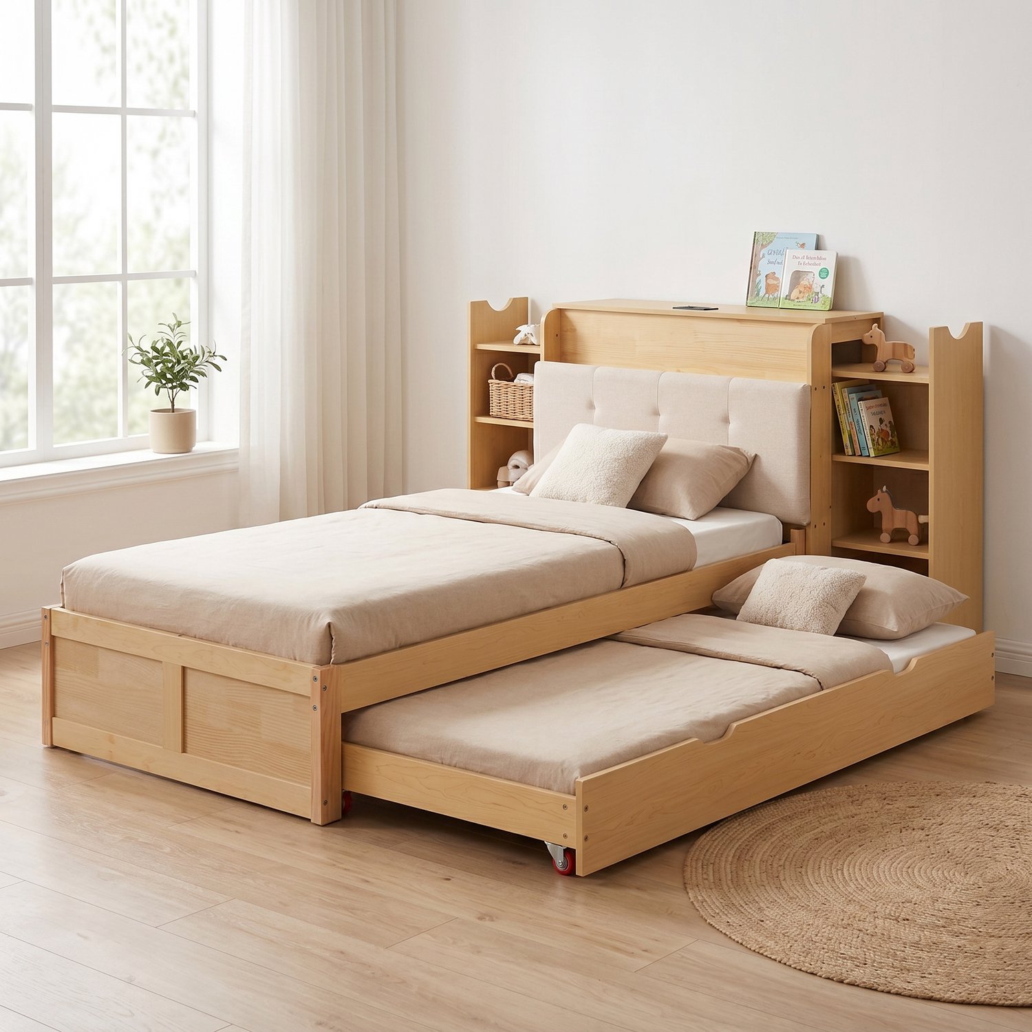COVREO Uitschuifbed met rollen – 90x200 tot 180x200 cm – Kinderbed met boekenrek – Bed voor gasten – Houtkleur - zonder matras Natuurlijk hout