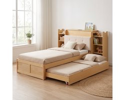 COVREO Uitschuifbed met rollen – 90x200 tot 180x200 cm – Kinderbed met boekenrek – Bed voor gasten – Houtkleur - zonder matras