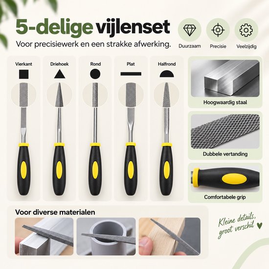 Vijlenset van 5 stuks met zwarte handgrepen en gele accenten voor precisieafwerking van diverse materialen.
