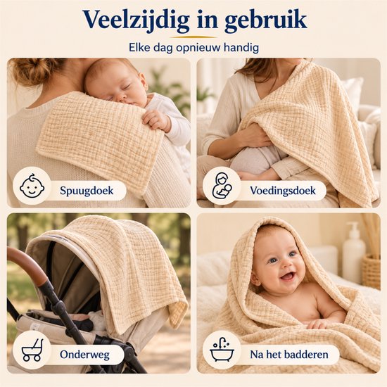 Beige hydrofiele doek in gebruik als spuugdoek, voedingsdoek, in de kinderwagen en na het badderen.