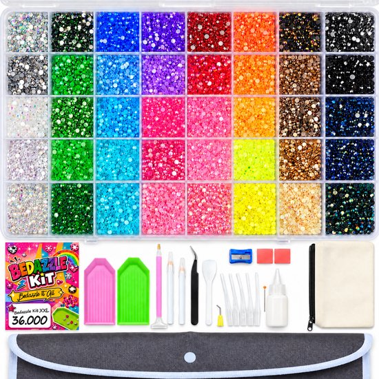 Bedazzle Kit XXL met 36.000 strasssteentjes in 40 kleuren, inclusief sorteerbakjes, pennen, pincet en opberghoes.
