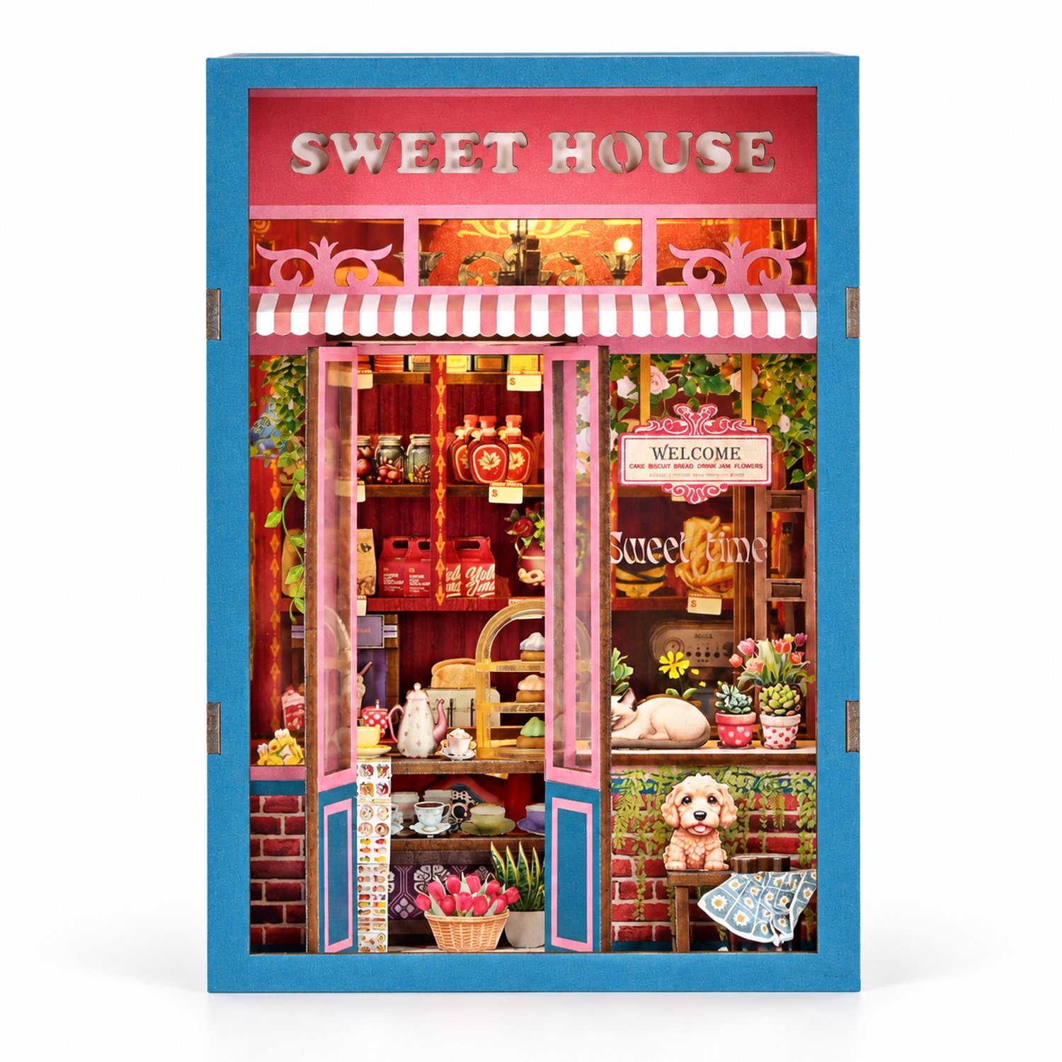 THAR Book Nook Sweet House – DIY Houten Miniatuurhuisje Bouwpakket voor Volwassenen – Book Nook met LED Verlichting en Touchschakelaar – Patisserie Tearoom Decoratie – 162 Onderdelen