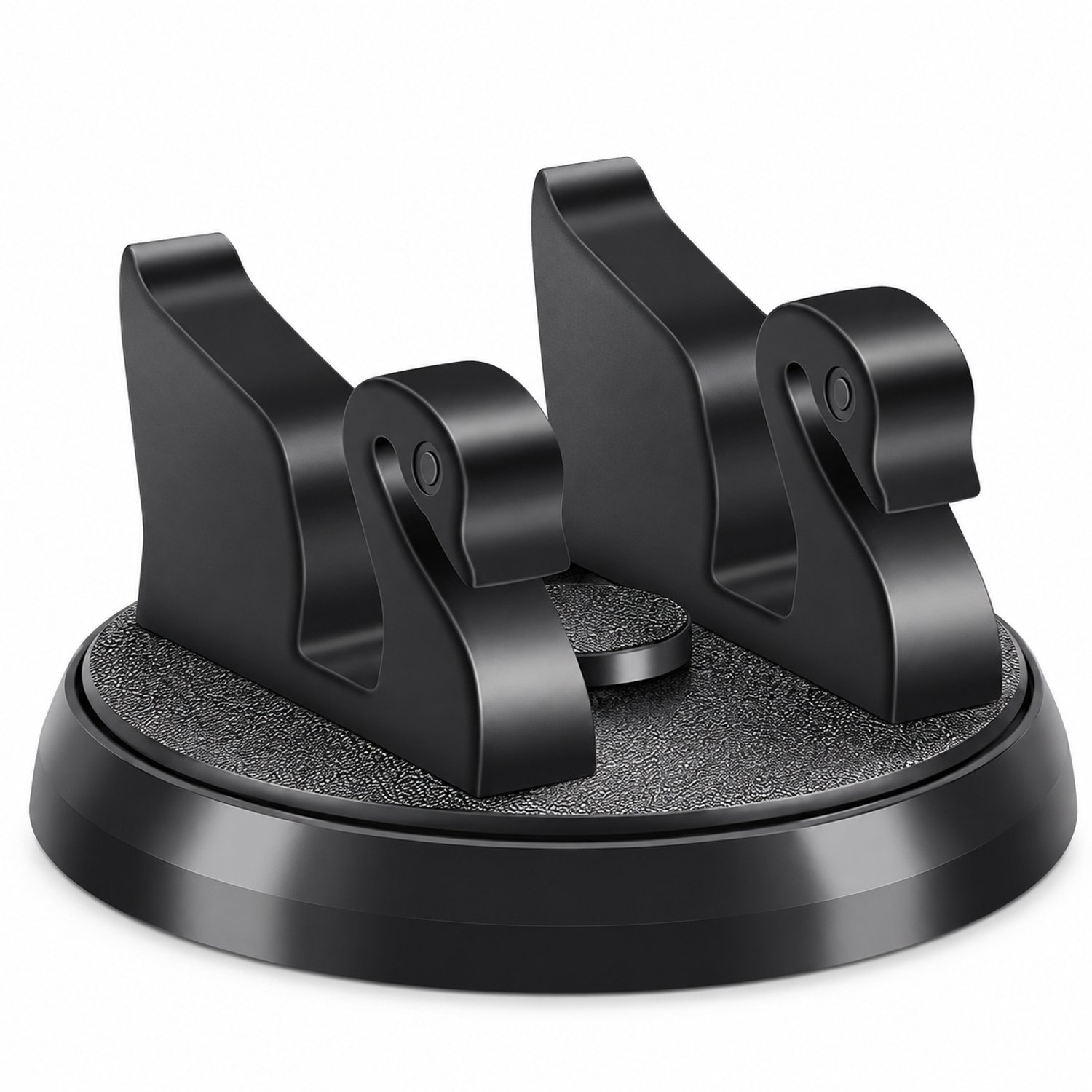 Zwarte telefoonhouder voor in de auto met ronde voet en gebogen steun, verpakking 17,5 × 9,5 × 11,5 cm