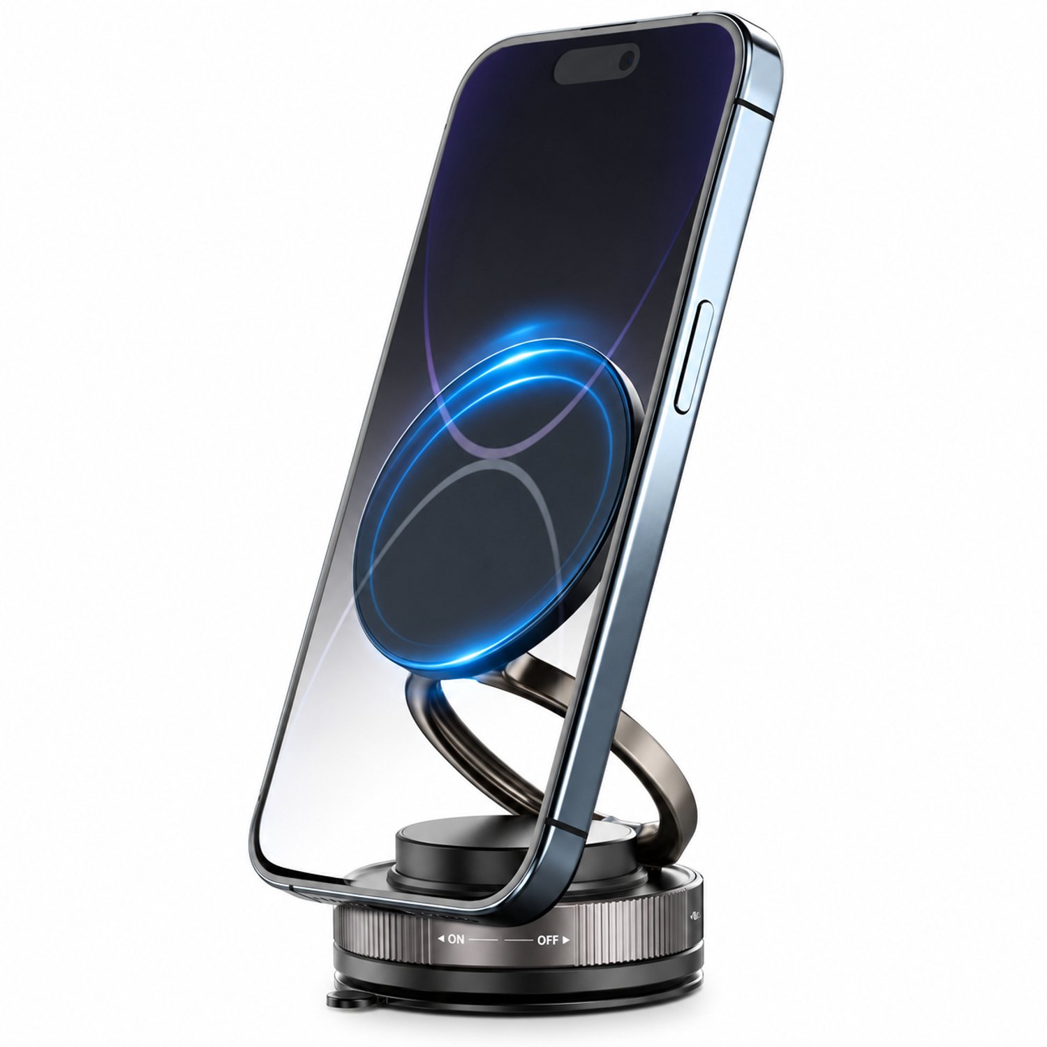 Zwarte telefoonhouder met vacuümzuignap voor auto en magnetische telefoonbevestiging
