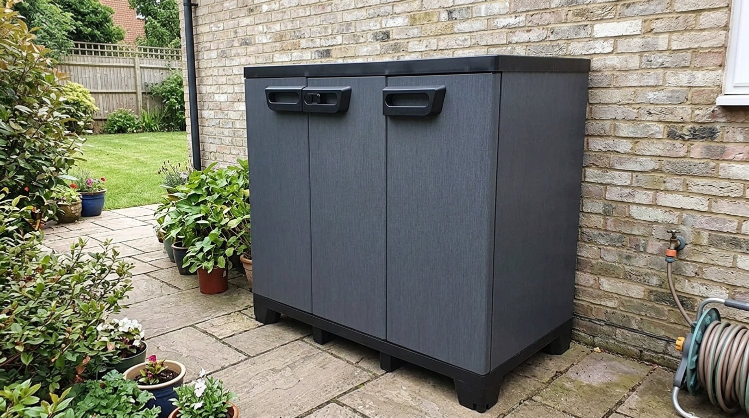 Opbergkast Tuinkast & Bijkeukenkast – Kunststof Garagekast met 3 Deuren & Verstelbare Legplank – 102 x 39 x 93,5 cm – Antraciet Leisteen Look – Laura Homestore