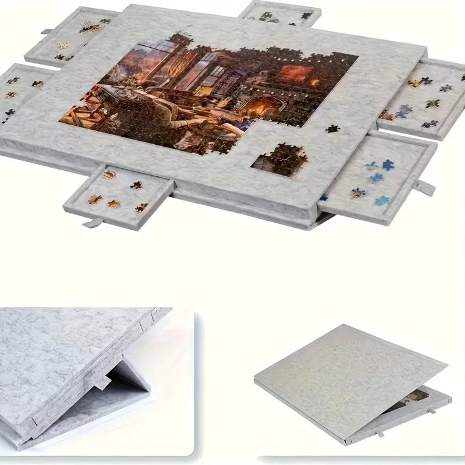 ArtiZo Puzzelbord - puzzeltafel - 6 uitschuifbare sorteer lades - licht grijs - verstelbare standaard - duurzaam en slijtvast vilt - 77x52 cm