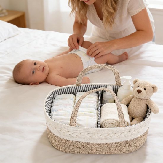 Kraammand - Baby Luierorganizer - Met meerdere vakken - Babyshower Kraamcadeau voor Meisje of Jongen - Praktische Katoenen Touw Mand 38 x 25 x 17 cm — afbeelding 2