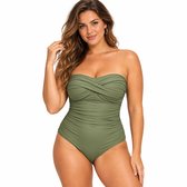 Corrigerend Badpak Dames XXL Strapless – Voorgevormde Cups – Buikcorrigerend – Geplooid – Olijfgroen – Elegant Badpak