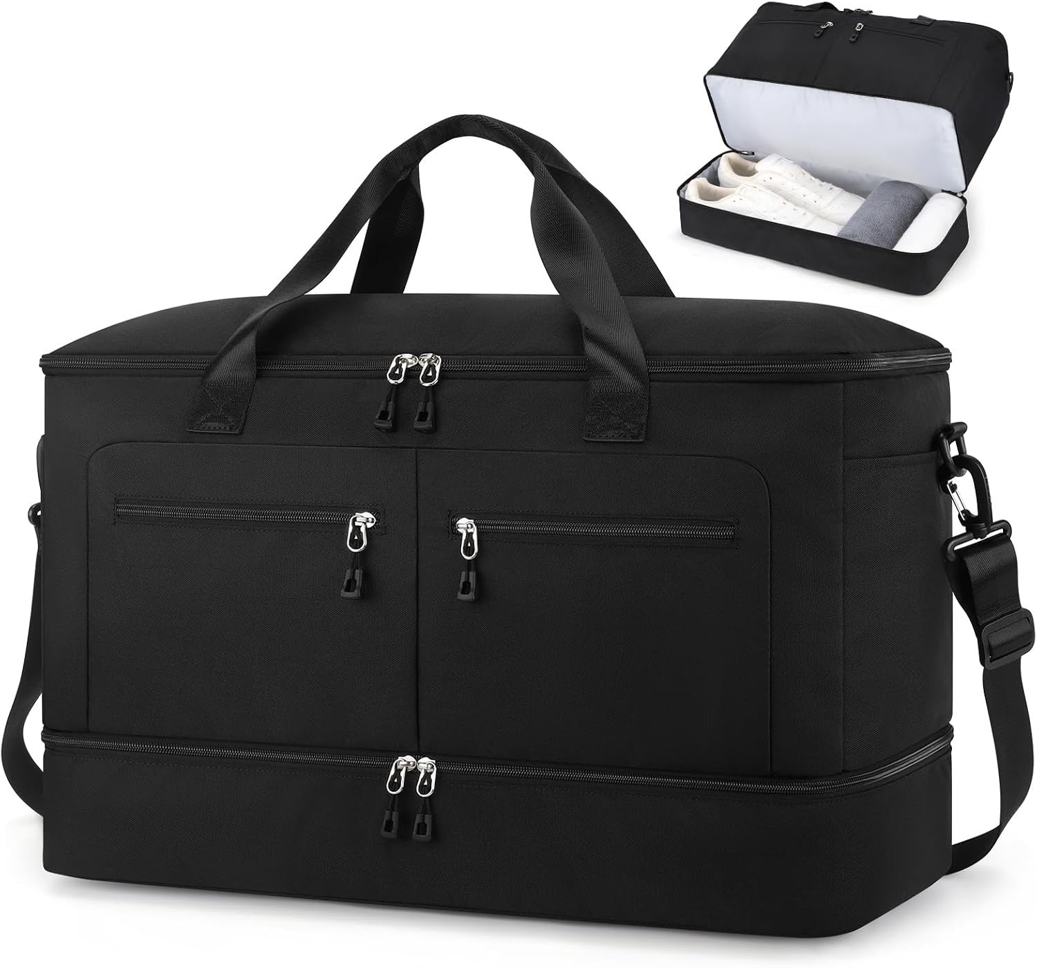 Reistas handbagage - Sporttas met schoenenvak - Weekendtas voor korte trips - Gescheiden opbergruimte onderin - Binnenzak met ritssluiting - Twee voorvakken en zijvak - Waterafstotende uitvoering - Zwart - 45 x 36 x 20 cm