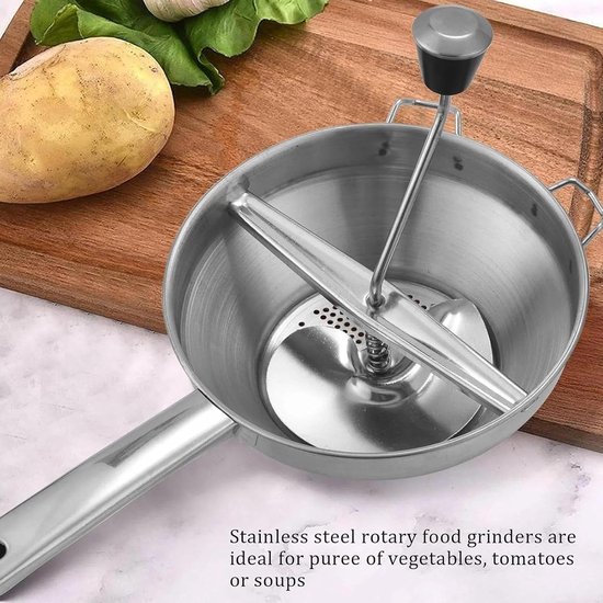 Deze roestvrijstalen keukenmachine wordt geleverd met drie maalschijven, een handmatige maalschijf en een opzetstuk voor het maken van puree. — afbeelding 5