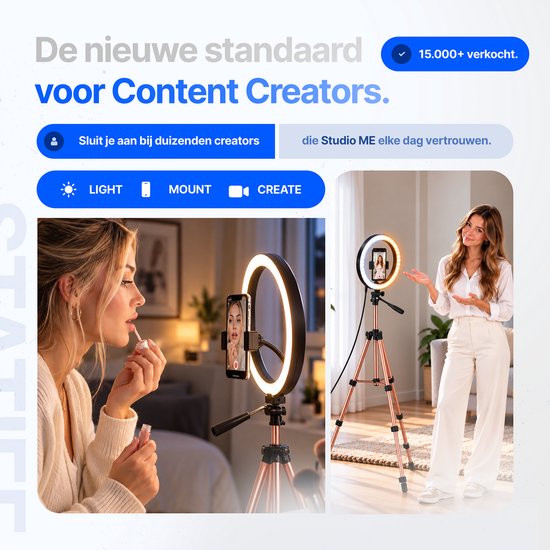 Vrouw gebruikt Studio ME ringlamp voor contentcreatie; toont professionele verlichting voor vlogs en make-up.