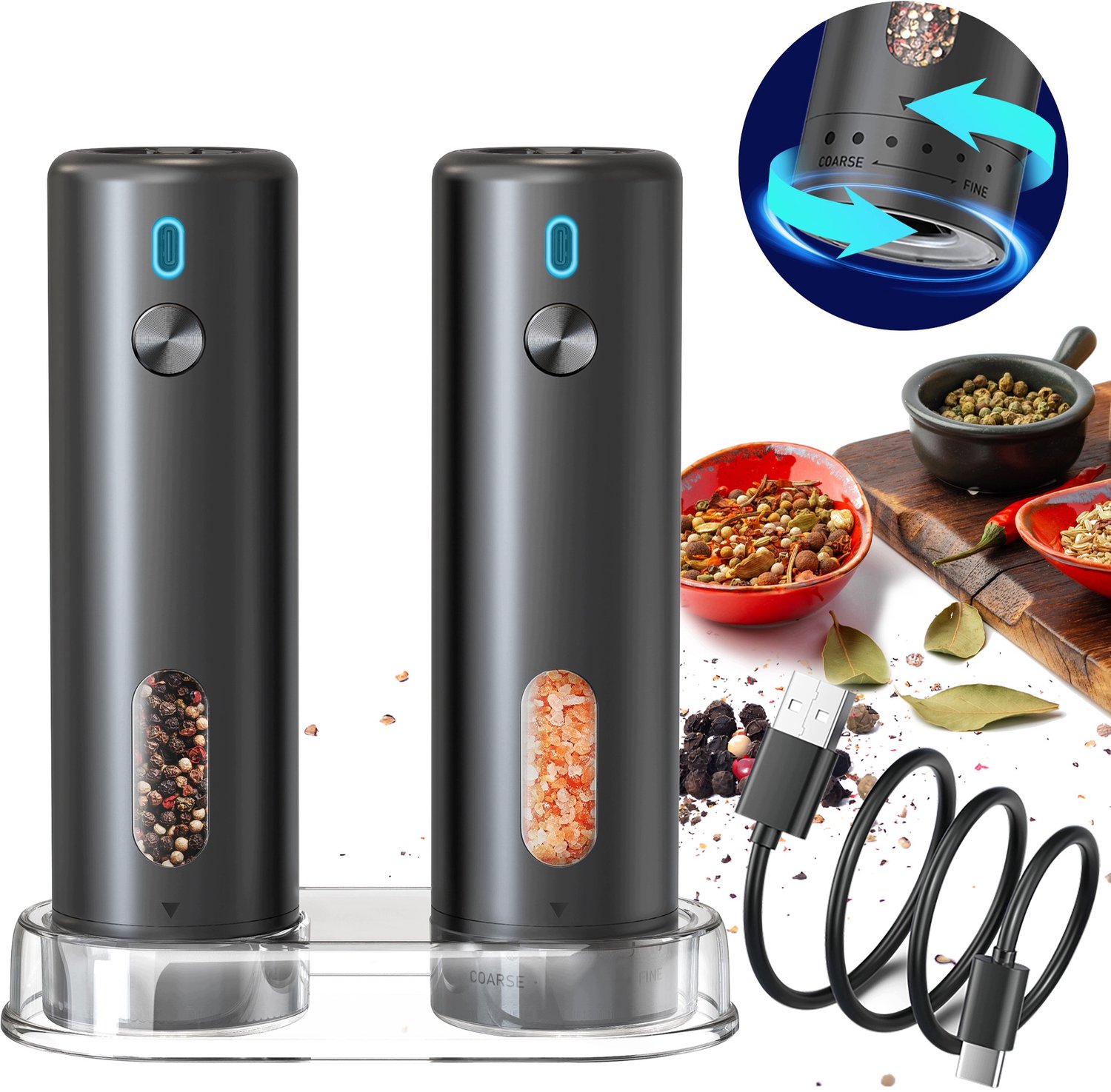 Elektrisch Peper en Zoutmolen set met Oplaadkabel USB-C - Pepermolen - Zoutmolen - 2 stuks - Instelbare maalgraad - Zwart